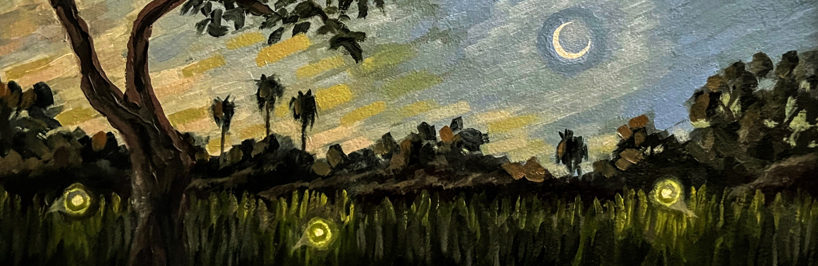 Painting of fireflies at dusk