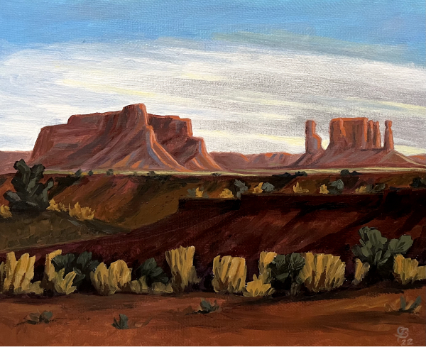 A painting of Fisher Mesa at dusk, near the Colorado River, close to Moab, Utah.