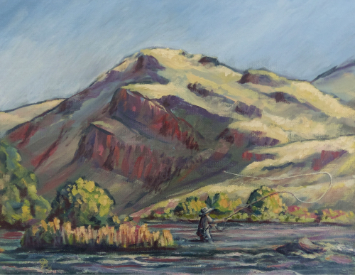 Painting of a man flyfishing on the Green River, Utah.