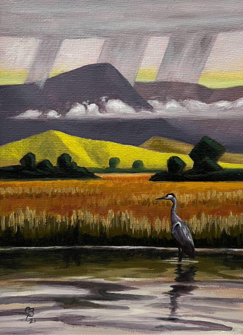 Painting of great blue heron with Mountains in the Background