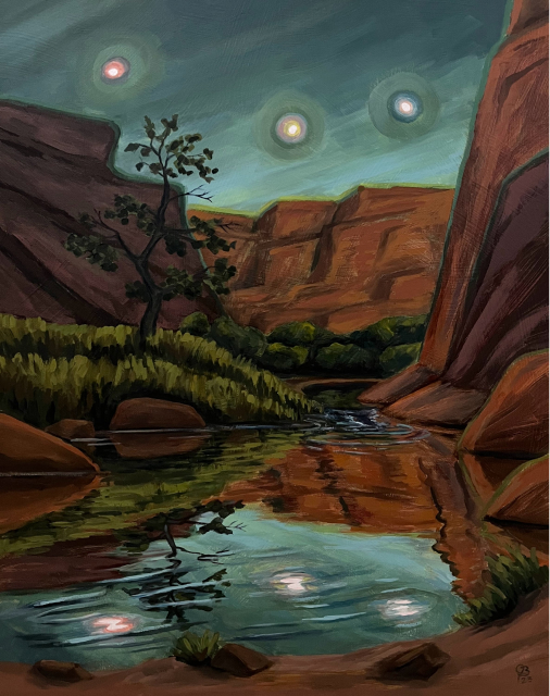 Stars at dusk, reflecting off the water of a stream in Hunder Canyon near Moab, Utah