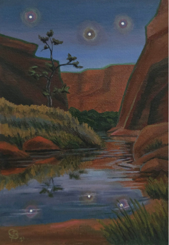 Painting of Hunter Canyon at dusk, with the first three stars above, and reflecting of the of Hunter Canyon Creek.
