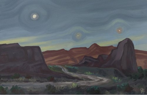Painting of Kane Creek Canyon with moon and first stars, near Moab, Utah.