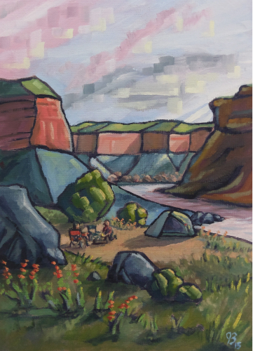 Painting of campers prepairing a fire at their campsite overlooking the Colorado River.