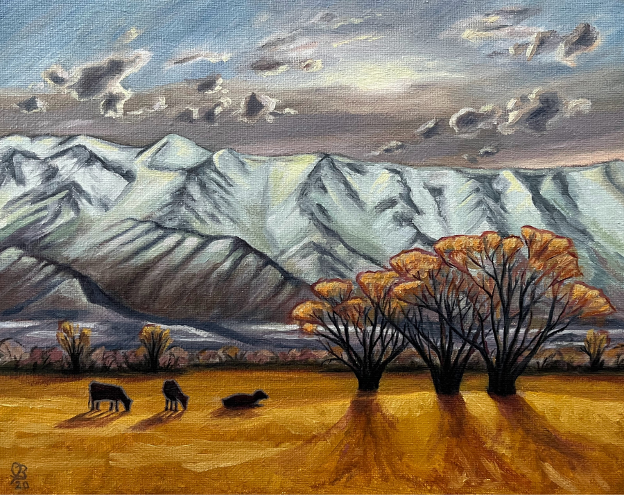 Painting of Wellsville Mountains as the sun sets, with three cows in the foreground