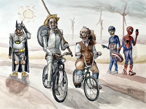 Don Quijote and Sancho Panza advicate for bicycles and clean energy, while young men dressed as superheros wonder who they are.