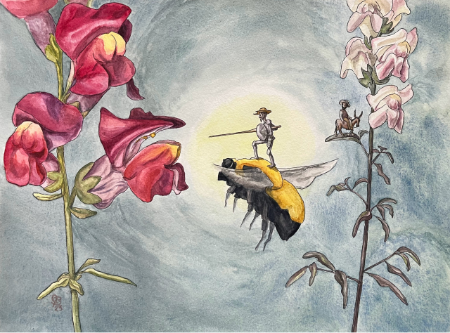 Don Quijote on the back of a bumblebee facing a snapdragon flower, as Sancho Panza looks on.