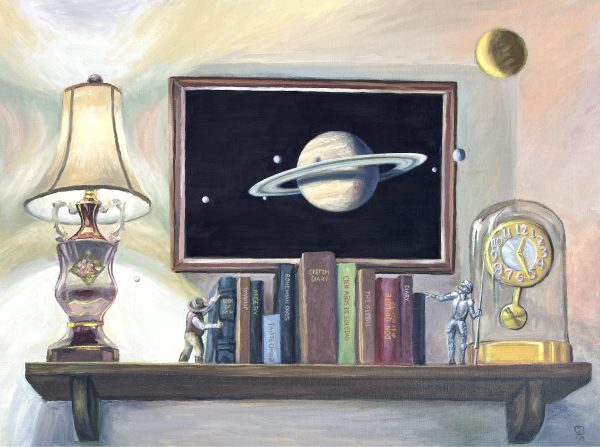 Surrealist painting of a bookshelf, lamp, clock, and picture frame with Saturn and moons protruding into the room. Don Quijote and Sancho are also in the painting as book supports.