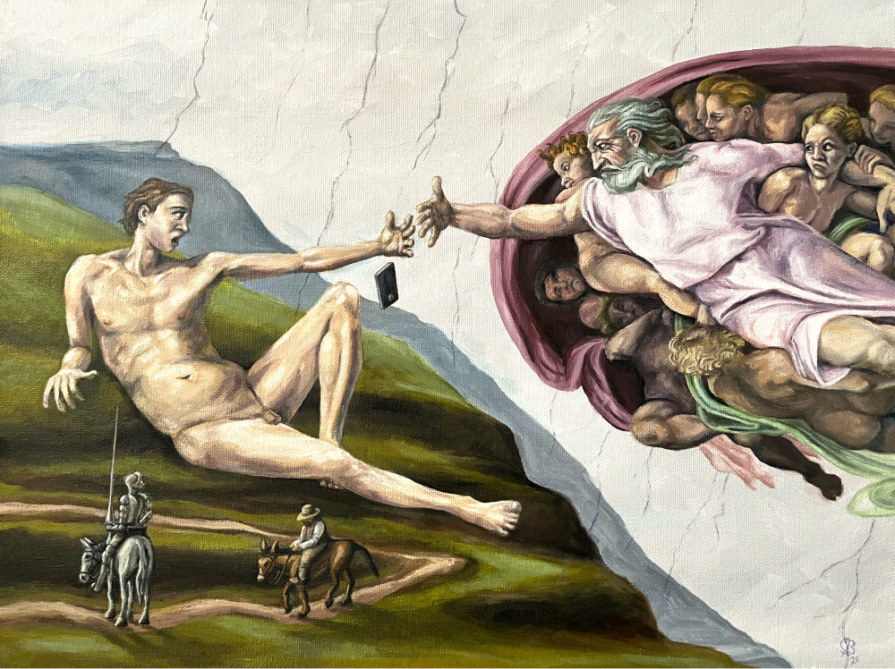 Michelangelo study of the Creation of Adam, but with God slapping a smart phone from Adam's hand, and Don Quijote and Sancho Panza riding along in the foreground