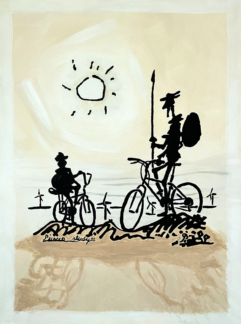 Picasso study with Don Quijote and Sancho Panza on bycicles.