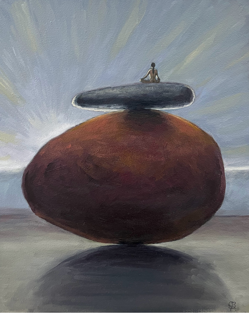 Painting of a woman balanced on two stones with sun rising, just below the horizon.