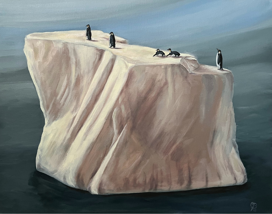 Still life of a rock with 5 penguins, shrunk to scale