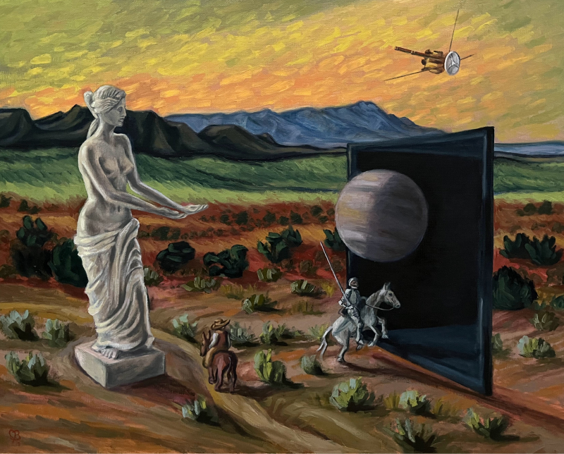 Landscape painting with the Statue Venus de Milo (with arms) presenting the planet Venus Protruding from a flatscreen television, while the Casini satellite is flying overhead, and Don Quijote and Sancho Panza on their horse and donkey.